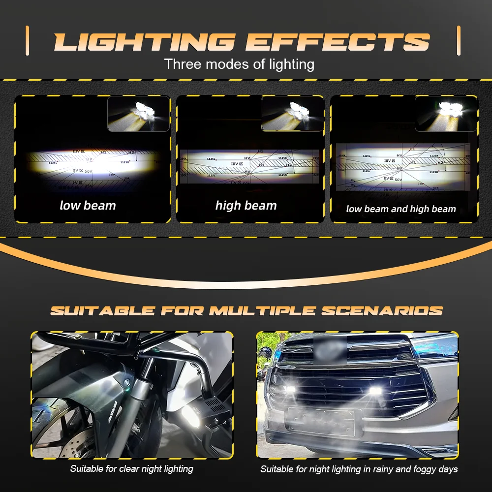 80W Motorcycle LED Spotlight Dual Color Hi/Low Beam Fog Lamps for Car Trucks SUV UTV 12V Mini Lens Headlight Driving Light New