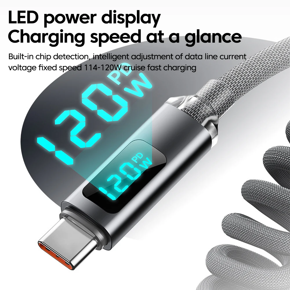 120W Type C to C Spring Charging Cable For iPhone 15 16 Xiaomi Samsung LED Digital Display Retractable USB to Type C Data Cable