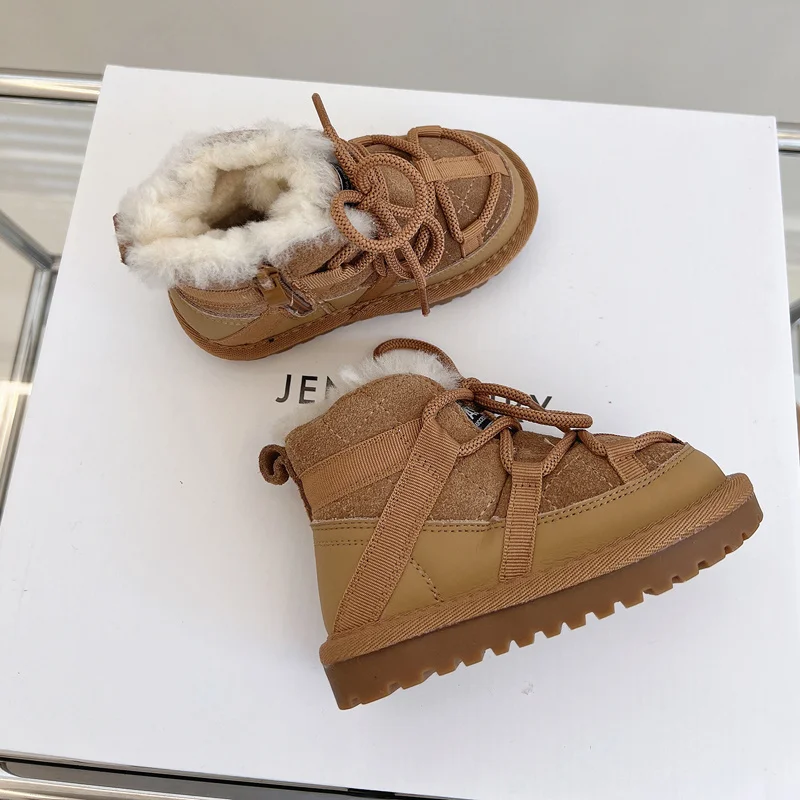 2024 New Winter Children Snow Boots Genuine Leather Warm Plush Toddler Boys Shoes Non-slip Fashion Baby Girls Boots 1-6 Years