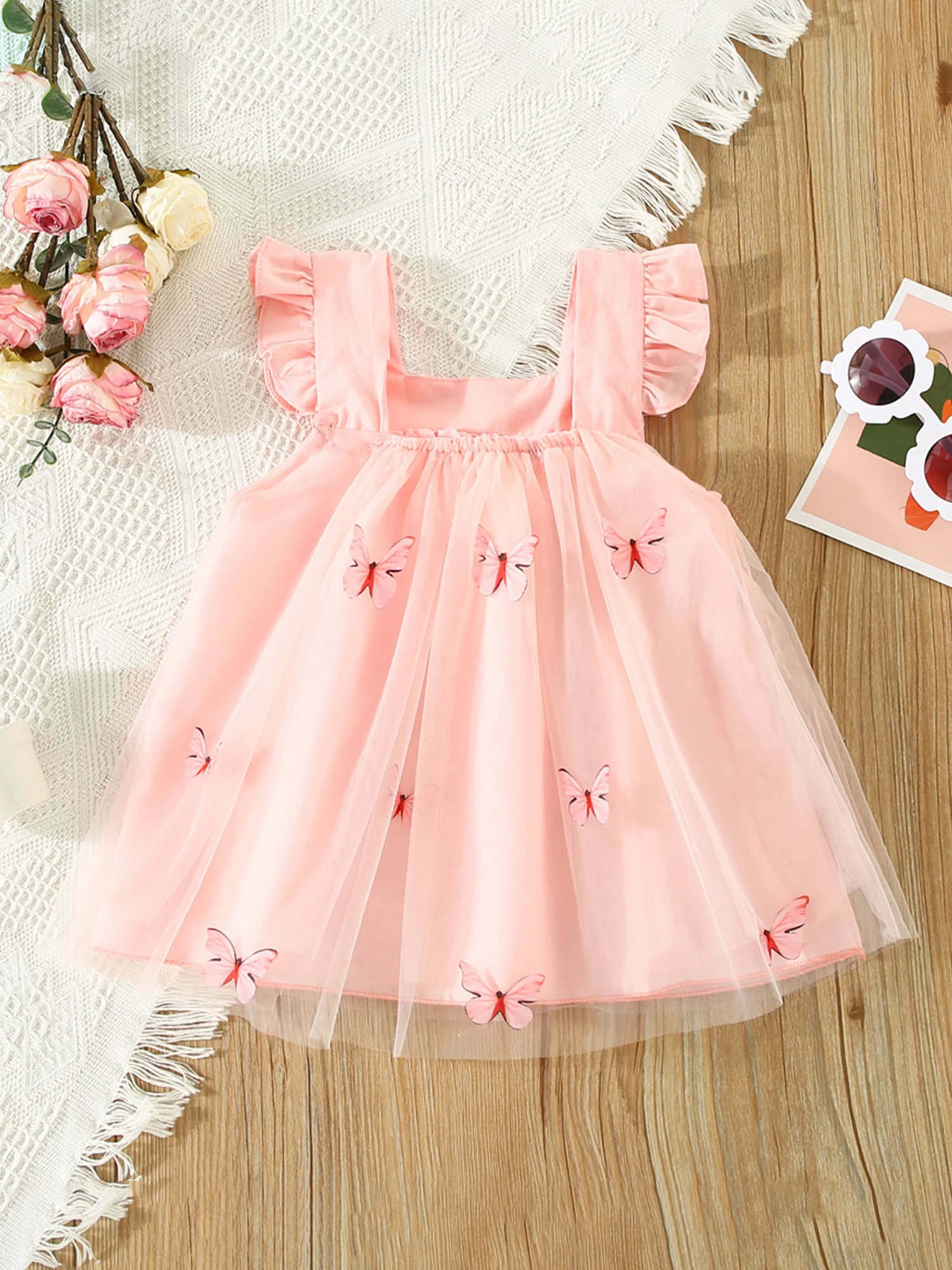 Infant Baby Girl Princess Dresses Summer Sleeveless Buterfly Printing Tulle Dress Casual Loose Dresses 0-24M (Pink 18-24 Months)