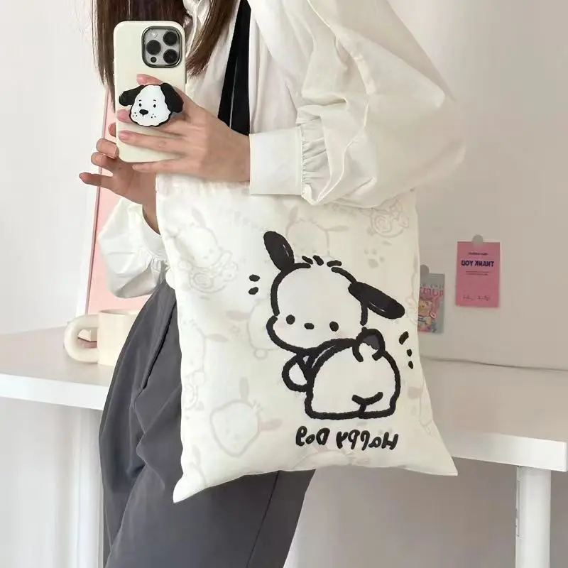 Kawaii Sanrio Pochacco Canvas Handbag Anime Print Toiletry Bag Cartoon Large Capacity Cute Outing Storage Girl Crossbody Bag