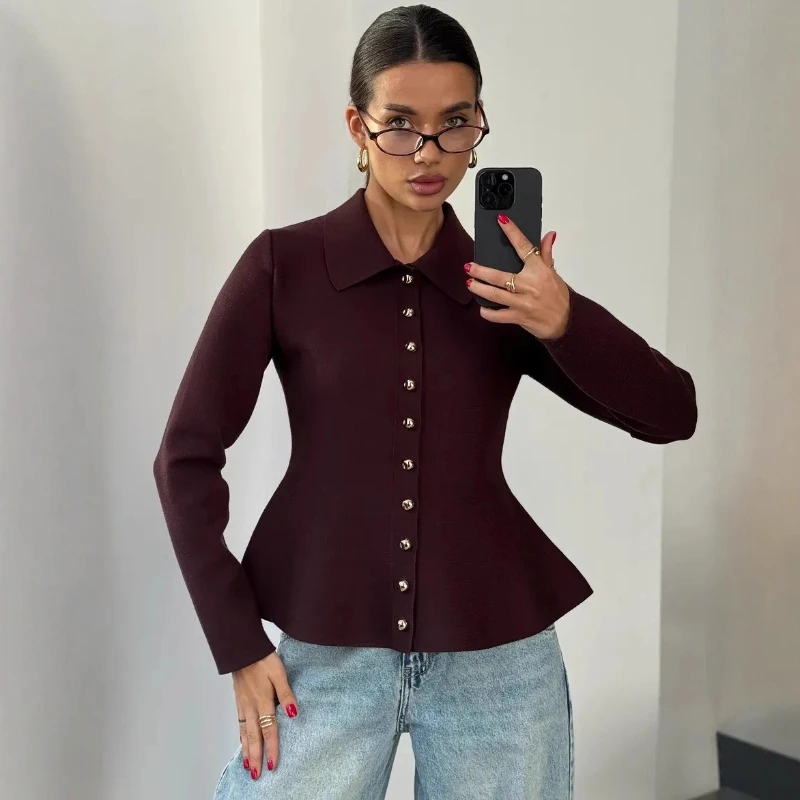 TARUXY-suéter tejido con solapa para mujer, moda con dobladillo acampanado, manga larga, un solo pecho, suéter de punto ajustado para ocio, abrigo para mujer de otoño