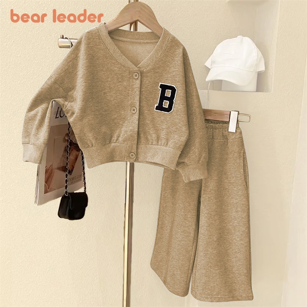 Bear Leader Autumn Korean Version Plain Girl Suit Casual Alphabet Single Breasted Jacket+Pants Sets 3-7 Years Sport Kids Outfits