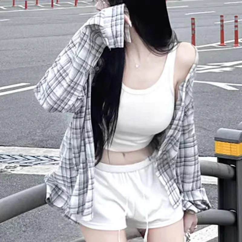 

East Gate Lazy Sle Vintage Plaid Loose Slimming Casual irt Outerwear Top Women's Faion Commute Sle Long Sve C...