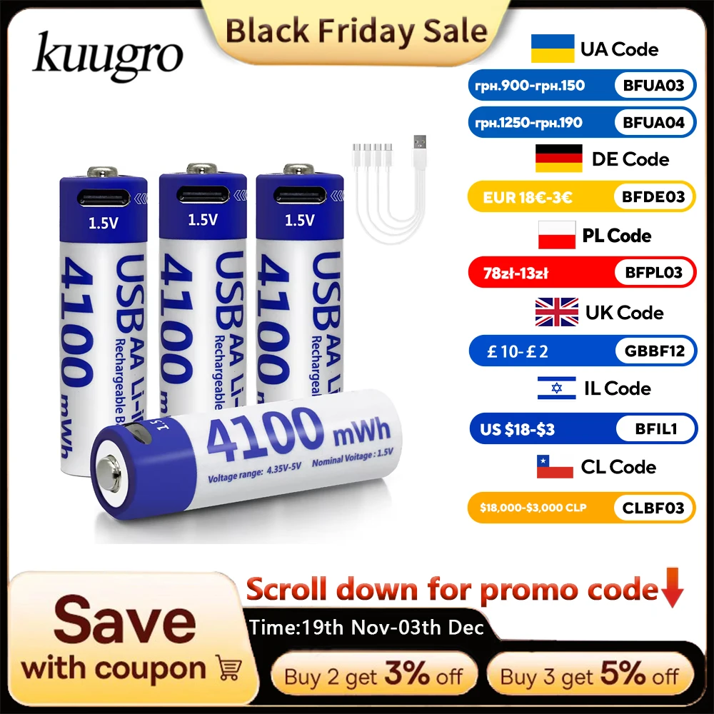 

Kuugro Highest Capacity 1.5V 4100mWh AA Rechargeable Battery USB Type-C aa Li-ion Battery for Remote Control Smart Door Lock Toy