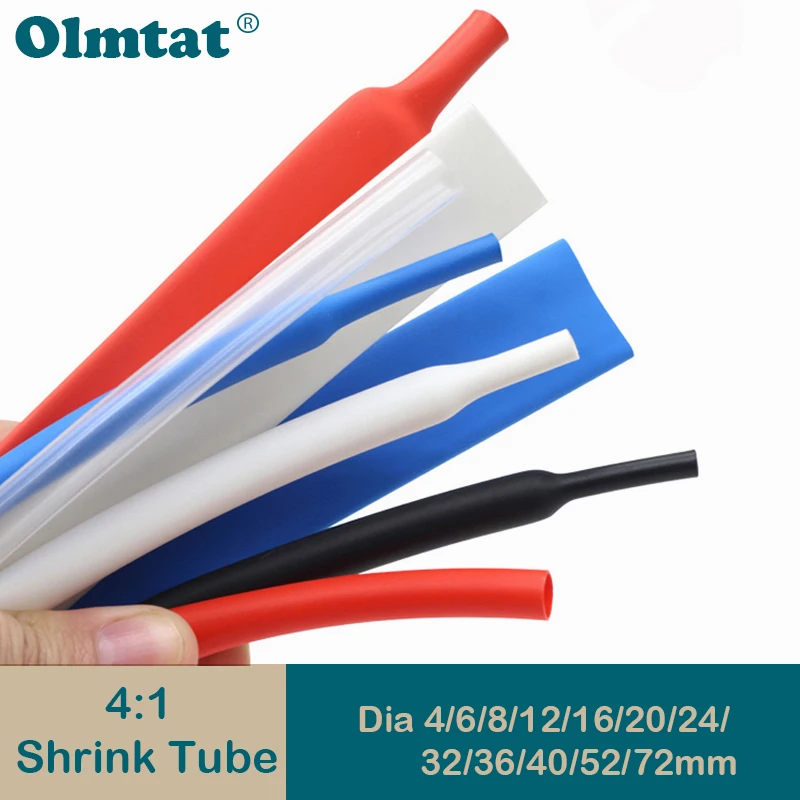 

1/5/10/25/50M 4:1 Heat Shrink Tube Diameter 4 6 8 12 16 20 24 40 52 72mm Adhesive Lined Sleeve Wrap with Glue Dual Wall Tubing