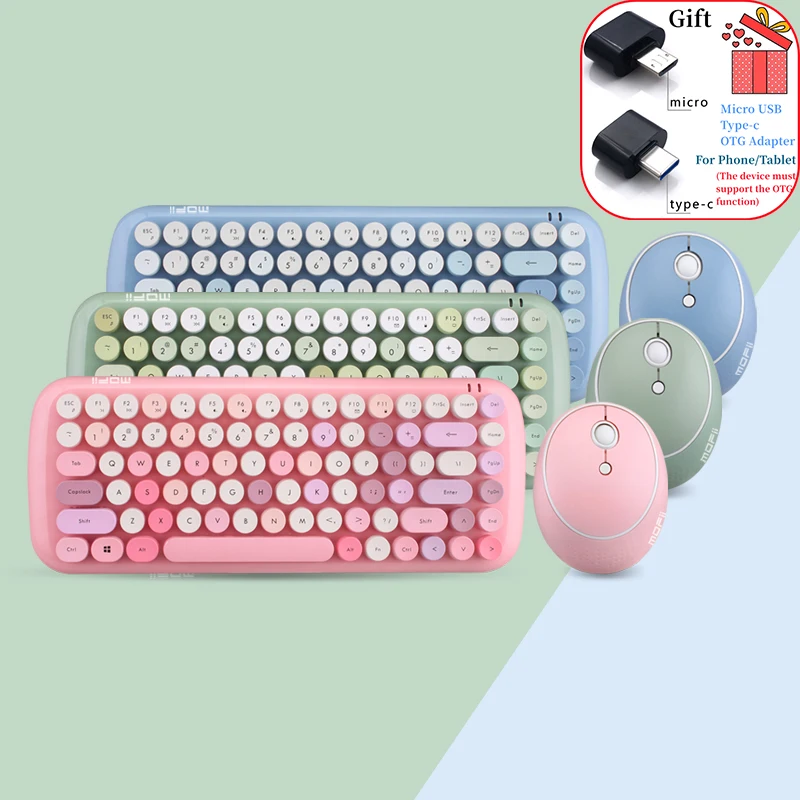 New Cute Wireless Keyboard Set Mixed Candy Color Round Keycap Typewriter Keyboard and Mouse Comb for Laptop Notebook PC Girls