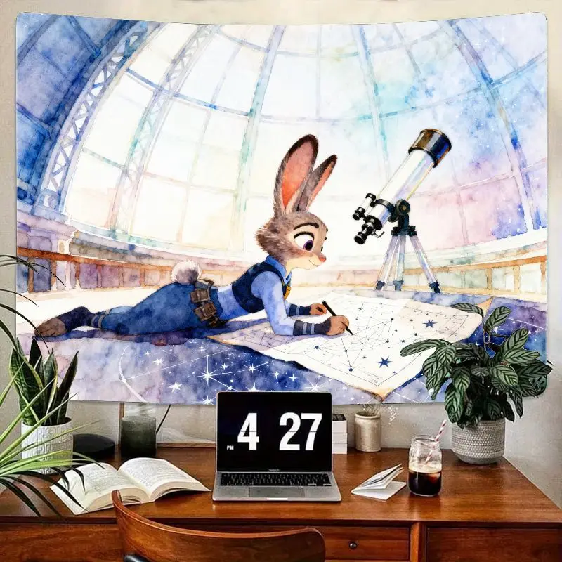 

1PC Zootopia Judy Hopps Tapestry, Dreamy Watercolor Rabbit Celestial Wall Art Polyester for Bedroom Decor, Cute Constellation Gi