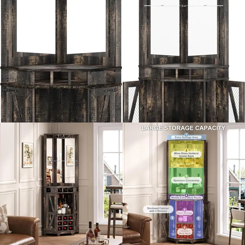 

72" Corner Bar Storage Cabinet with Barn Door, Farmhouse Wine Cabinet with Acrylic Mirror,Glass Rack,Wine Bottle Storage & Adjus