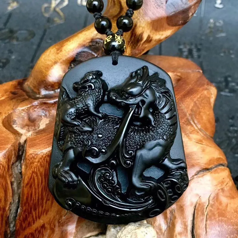 Rough StoneObsidian Kylin Animal Year Necklace Men's Women's Pendant Mother and Child Kirin Guardian Mascot