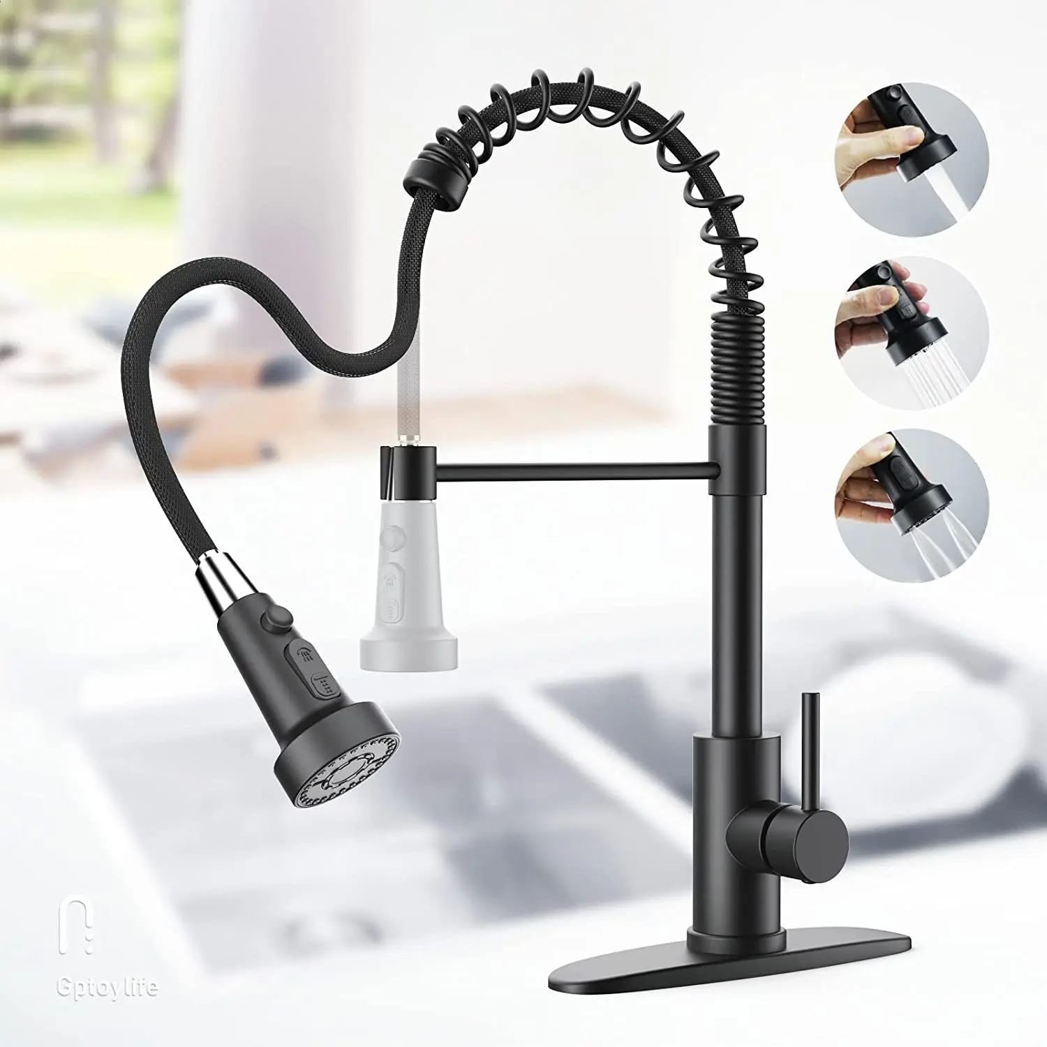 Black Spring Draw Faucet with Blade Three Mode Kitchen Draw Faucet