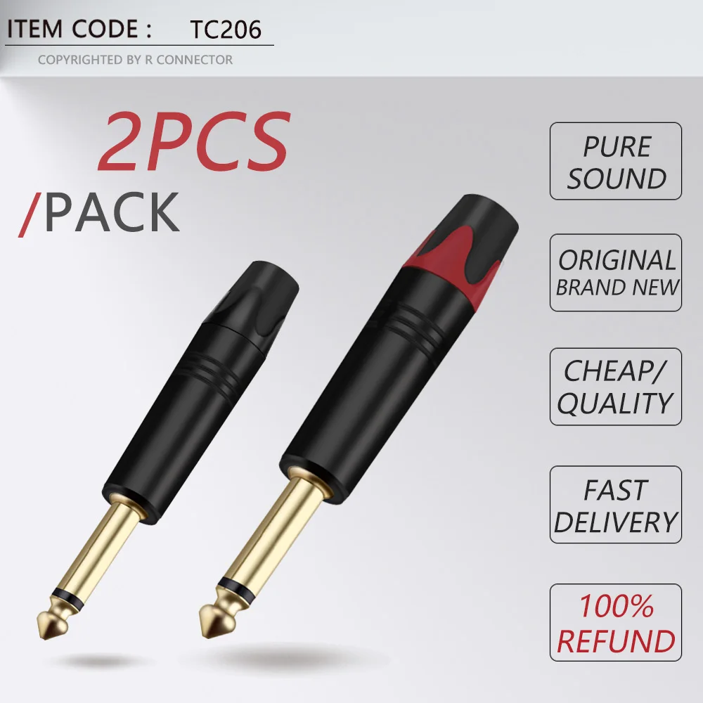 2PCS Mono 6.35MM Jack 6.3MM Male Plug Connector Aluminum Tube Brass Gold Plated 1/4 Inch Microphone Plug Audio Cable Connector