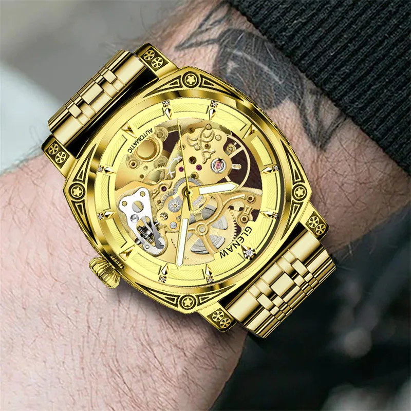 GLENAW Men Watch Skeleton Mechanical  Wristwatch Gold Skeleton Retro Man Watch Top Brand Luxury Clock Mens Watches Reloj Hombre