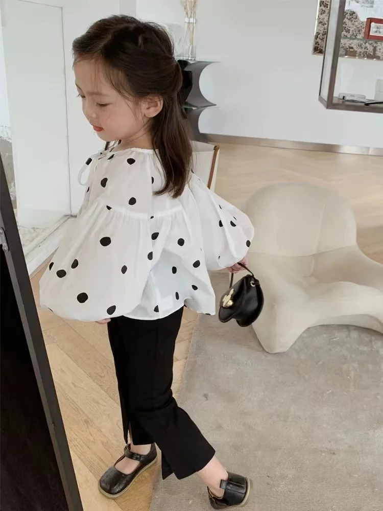 Girls Shirt 2023 Fall New Korean Baby Girl Doll Shirt Long-Sleeved Polka Dot Bubble Sleeve Blouse