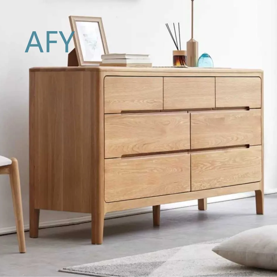 New Nordic Style Log Oak Wide Seven-Drawer Chest Cabinet for Kids Eco Friendly Solid Wood Storage Unit Cloud Design Childrens