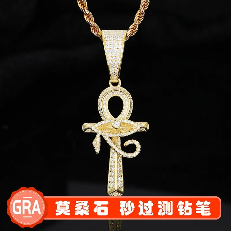 

European and American cross-border S925 silver inlaid moissanite Eye of Horus cross pendant trendy hip-hop accessories spot