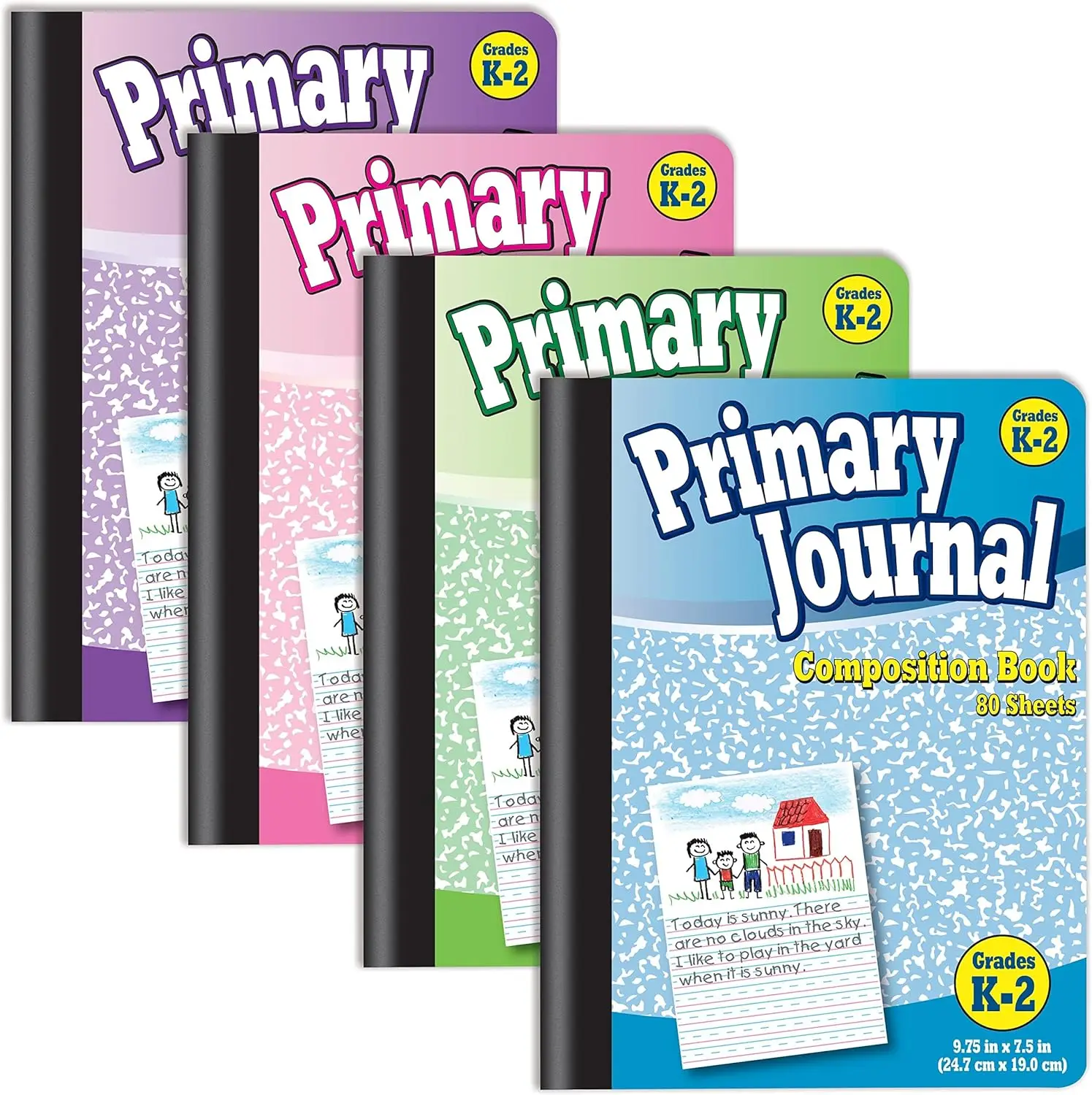 

Primary Composition Notebook, Hardcover, 4 Colors, Grades K-2, 80 Sheets, 9.75"x7.5", 4 Pack