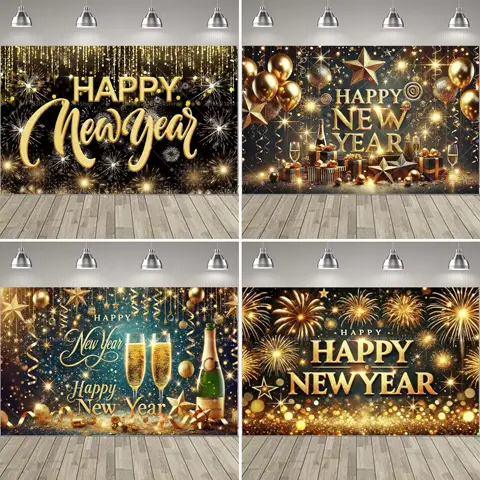 Black Gold Happy New Year Party Decoration Background New Year Gift Champagne Clock Christmas Banner New Year Photo Backdrop