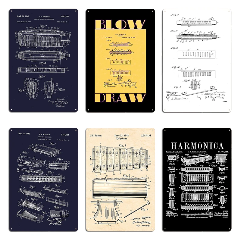 Hohner Harmonica Patent Player Mouth Organ Music Instrument Vintage Patent Drawing Metal Cave Designing Cinema Tin Sign Poster