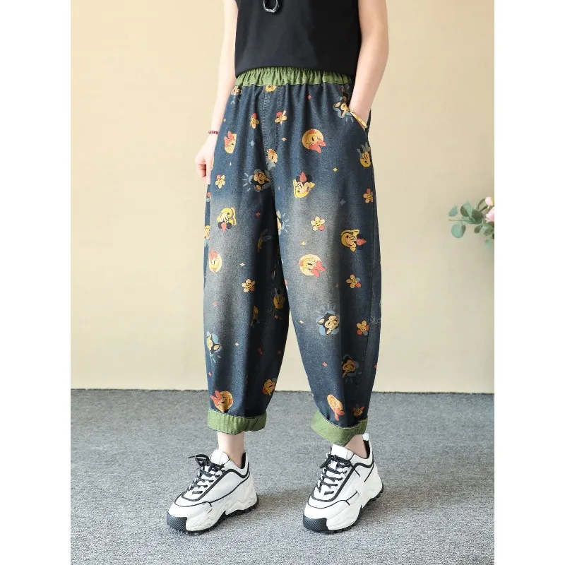 

y2k woman clothes Disney Mickey Donald Duck Print Denim Cropped Harem Pants Women Summer Thin Loose Slim Contrast Color Trousers
