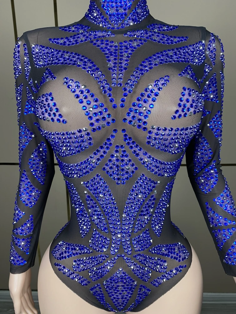 Blauwe Steentjes Bodysuit Paaldans Kostuum Sexy Gogo Danskleding Zangeres Podiumkleding Feest Rave Outfit Vdb7357