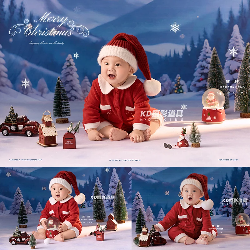 

3-4month Baby Santa Claus Costume with Pom-pom Hat Professional Newborn Photography Outfit Mini Christmas Tree &House Photo Prop
