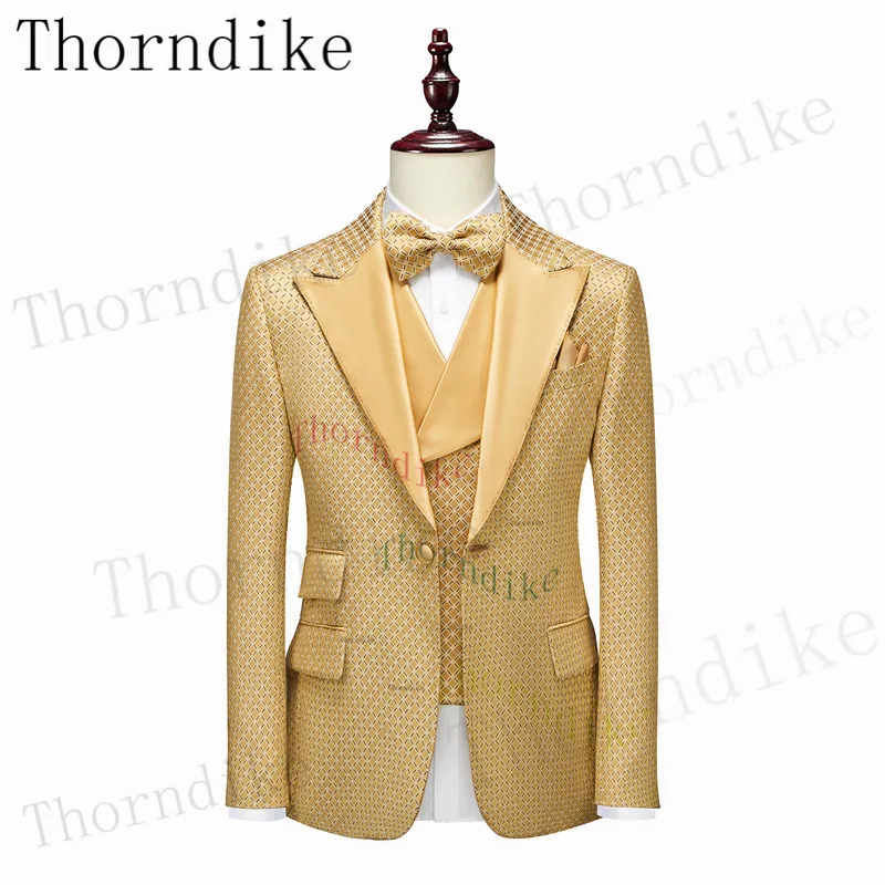 Thorndike Autumn Fashion Yellow Mens Suits Slim Fit Wedding Groom Tuxedos Formal Banquet Blazer Best Man 3 Pcs Terno Masculino