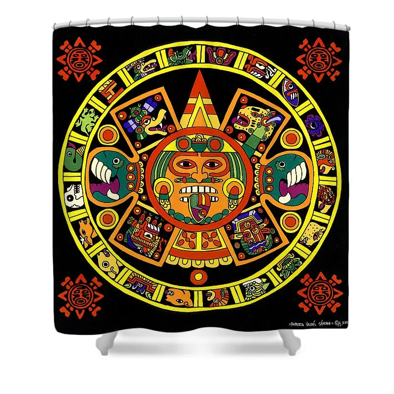 Aztec Shower Curtain, Mayan Calendar Prophecy Mystery Cool Culture Design Print, Cloth Fabric Bathroom Decor Set with 12 Hooks