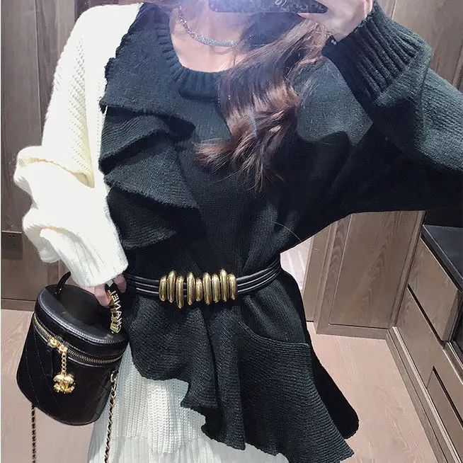 MiiiiX Korean Fashion Patchwork Contrast Knitted Dress Long Loose Sweater Ruffled Casual Dress with Belt Autumn Women's Clothes