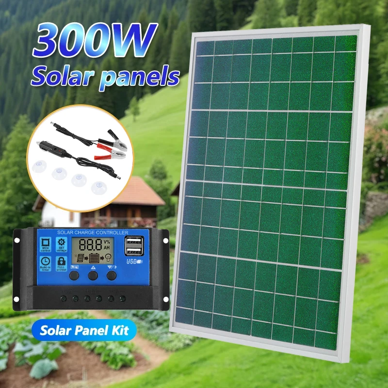 300W Solar Panel Kit 18V PET Aluminum Frame Monocrystalline Portable Outdoor Rechargeable Solar Cell Power Bank for Mobile Phone