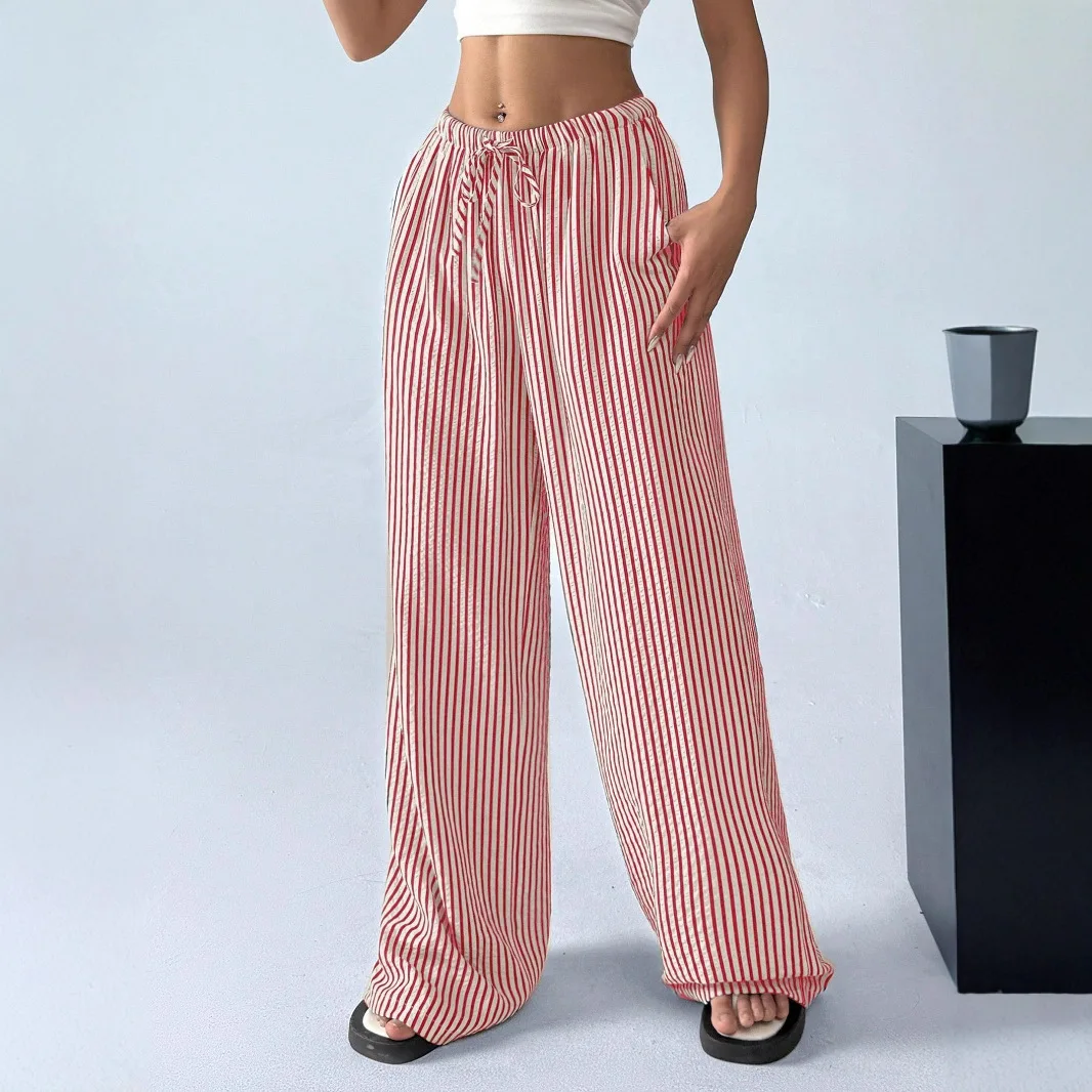 American Style Retro Vertical Stripe Drawstring Wide Leg Pants High Waist Dipping Loose Straight Casual Pants - Image 3