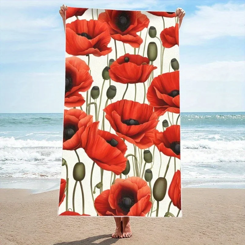 Beautiful Red Poppy Beach Towel 3D Printed Flower Pattern Microfiber Bath Towel Soft Beach Mat for Pool Ocean Travel