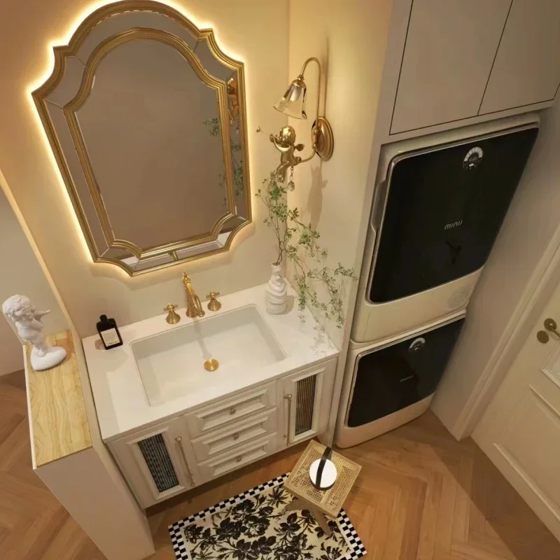 

Nordic Retro American Bathroom Cabinet Combination Solid Wood Rock Plate Seamless Integrated Basin Hands Washbasin Toilet YXMC