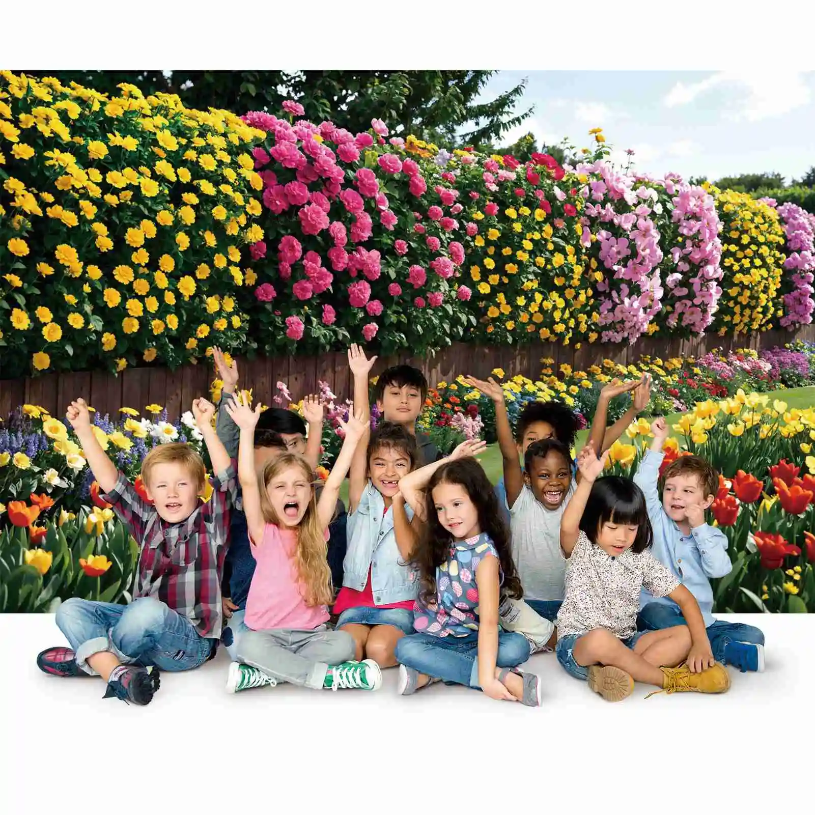 Fondos de fotografía personalizados para niños, flores de primavera, jardín, camino, pared de madera, paisaje, foto, pancartas