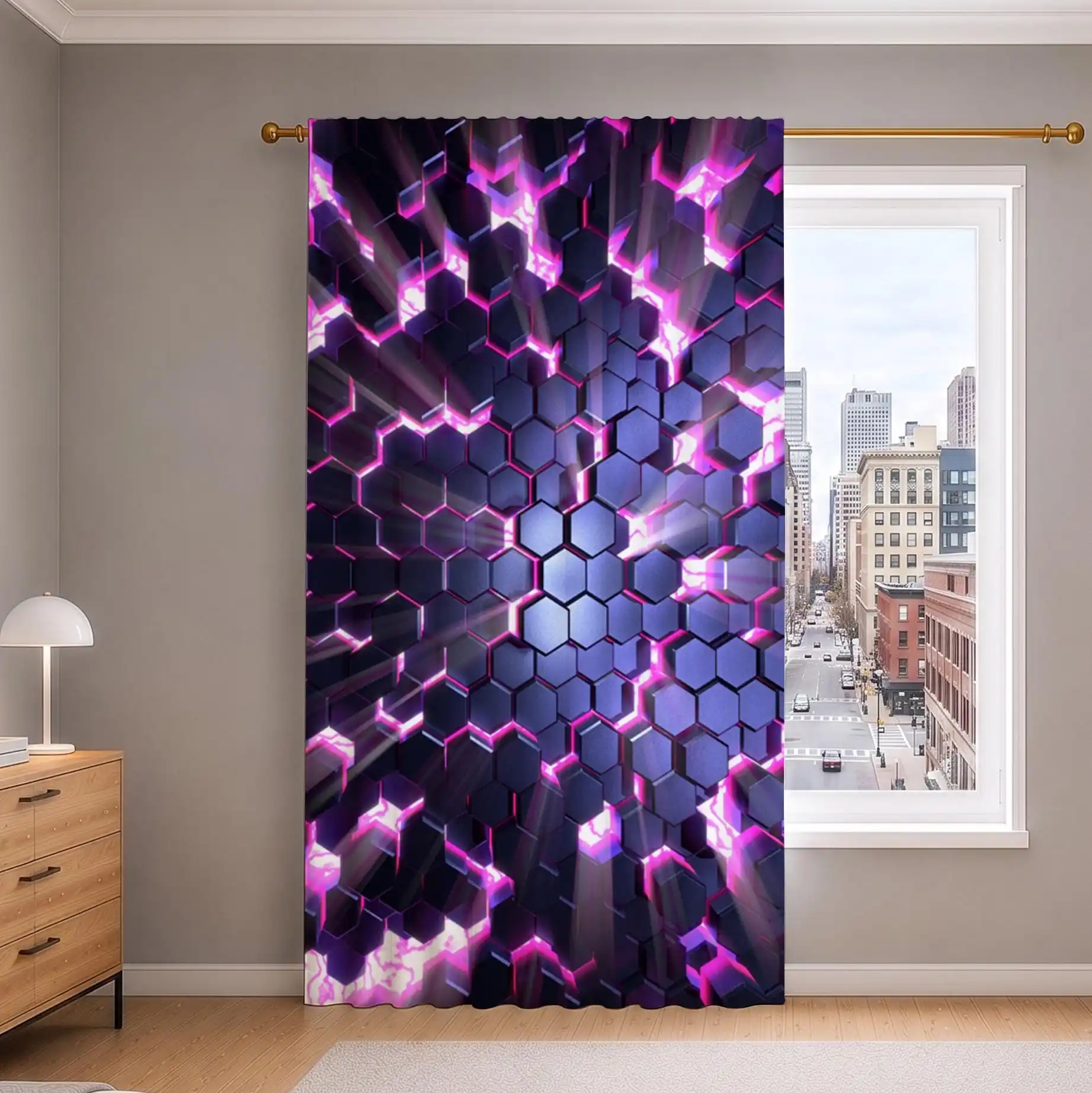 Vibrant Purple Hexagon Pattern Curtain Panels for Living Room Home Decor Light Filtering Window Treatment