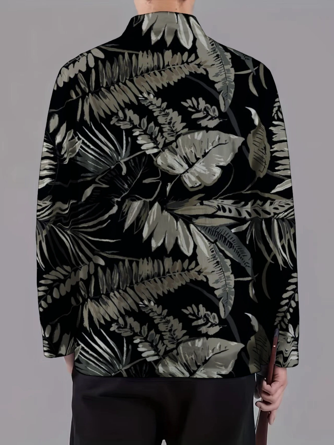 Men Mandarin Collar Frog Button Jacket Tropical Fern Foliage Art Print Traditional Outerwear