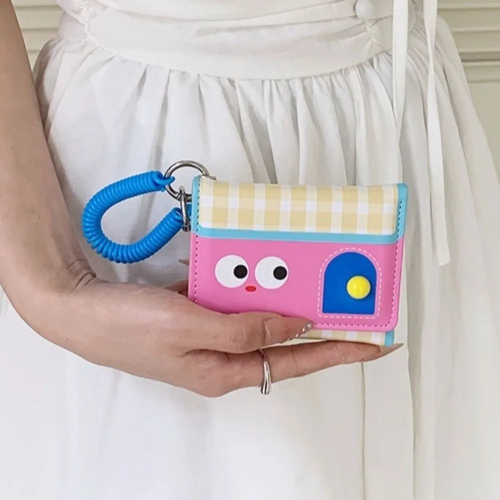 Multifunctional Dopamine Color Short Wallet Tri-fold Ultrathin Leather Card Holder Compact Spring Rope Cartoon Coin Purse Daily