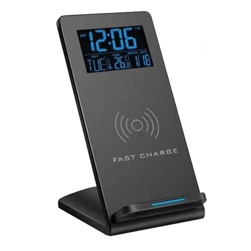 Desk Clock With Time/Temperature Display & Wireless Charging Pad Dock For IOS & Android,For Bedroom,Home & Office