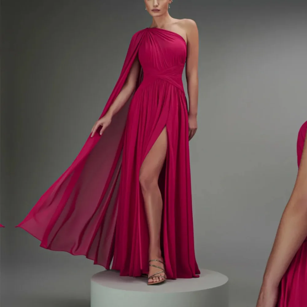 

Classy Long Red One Shoulder Chiffon Evening Dresses Full Sleeves with Slit A Line Pleated Floor Length فساتين سهره