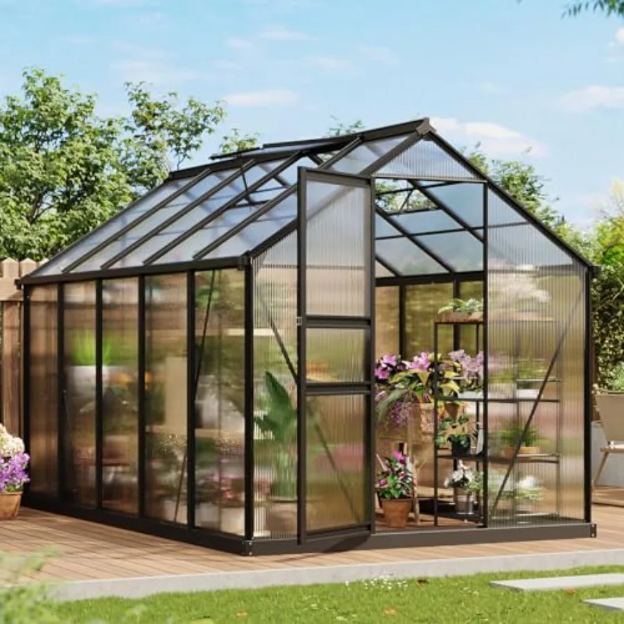 

6×10FT Outdoor Greenhouse with Polycarbonate Panels and Aluminum Frame Lockable Door Adjustable Roof Vent Green Garden House fo