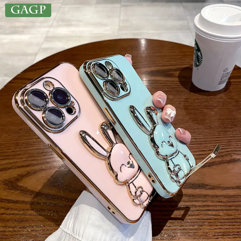 For iPhone 14 Pro Cute Case 3D Bunny Rabbit Stand Bracket Holder Phone Cases for iPhone 7 8 14 Plus 11 12 13 14 Pro Max X Xr Xs