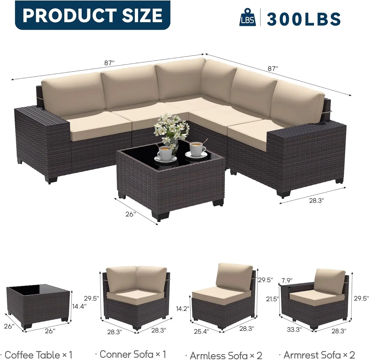 Outdoor PE Rattan Móveis De Vime Conjunto com Almofada, Pátio Conversa Set, 6 PCs, 7 PCs