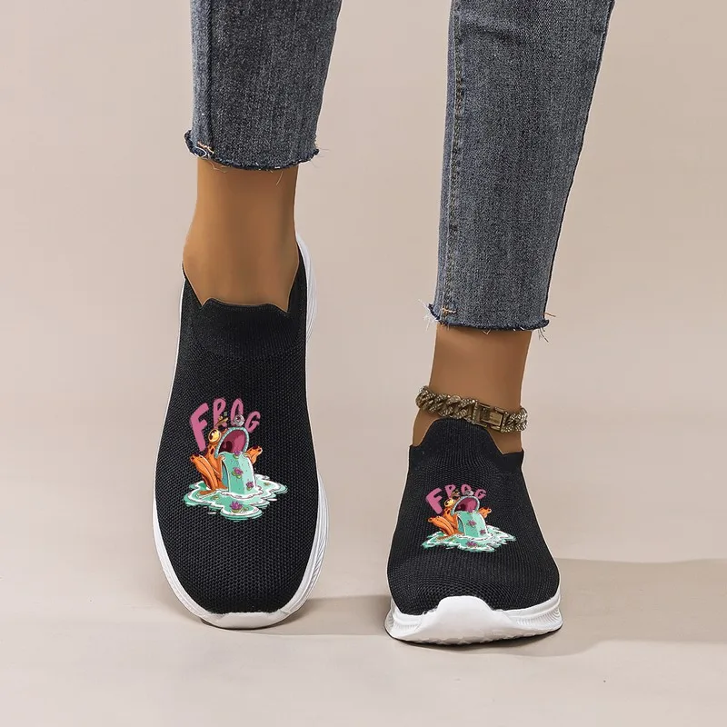 

Women's Black Mesh Slip-On Sneakers with Cartoon Frog Print: Breathable & Lightweight for Daily Commute, Walking & Casual Wear
