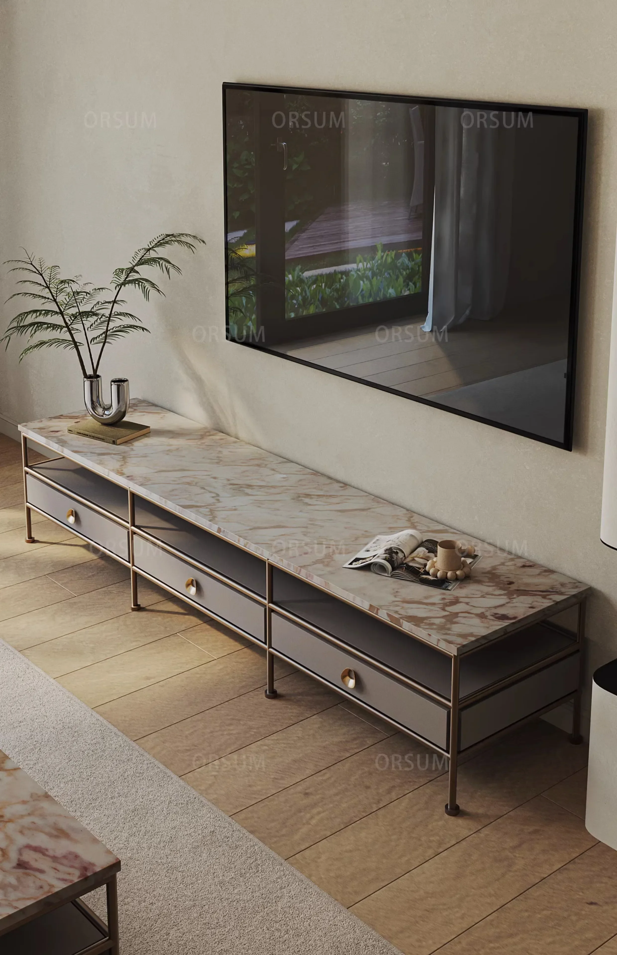 

Вилла оригинального дизайна, большая плоская гостиная, мрамор, итальянский свет, роскошь и простота, фурнитура, ТВ-шкаф