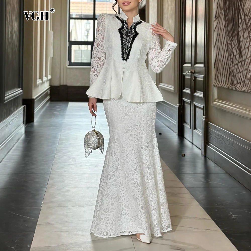 

VGH Office Two Piece Set for Women Stand Collar Long Sleeve Top High Waist Spliced Lace Hollow Skirts Female Elegant Suit Female