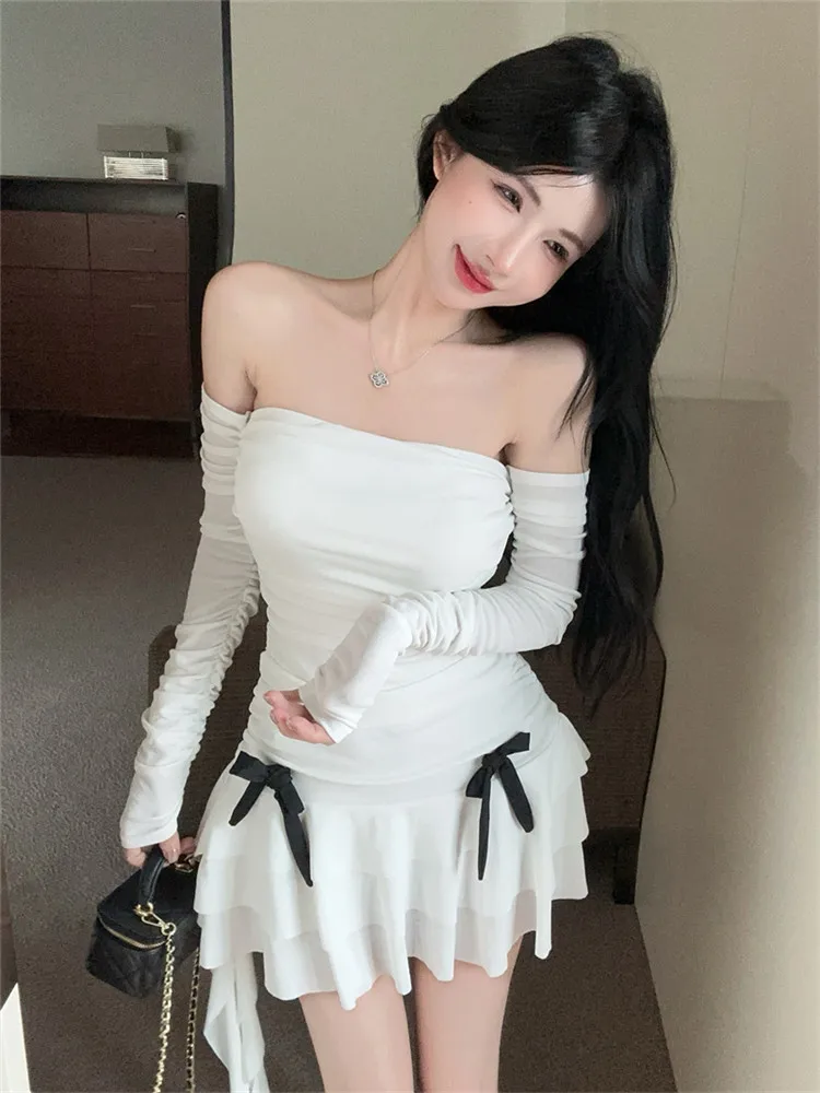 

Y2k Cute Girl Slash Neck Strapless White Mini Party Dress New Spring Long Sleeve Women Off Shoulder Sweet Bow Short A Line Dress