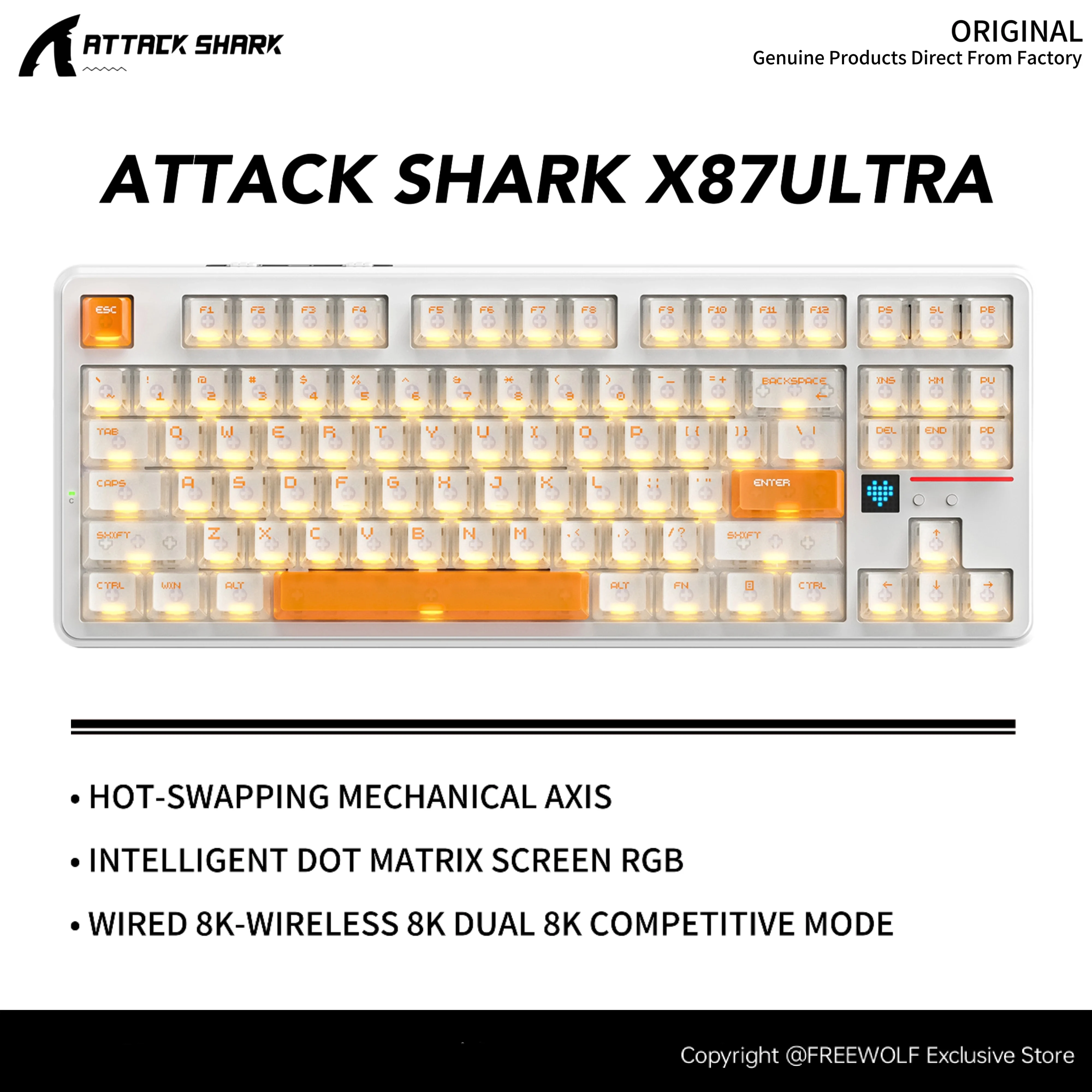 Attack Shark X87Ultra Dual Mode 8K Keyboard,0.125ms Rapid Response,Intelligent Dot Matrix Screen,10000mAh,Hot Swapping