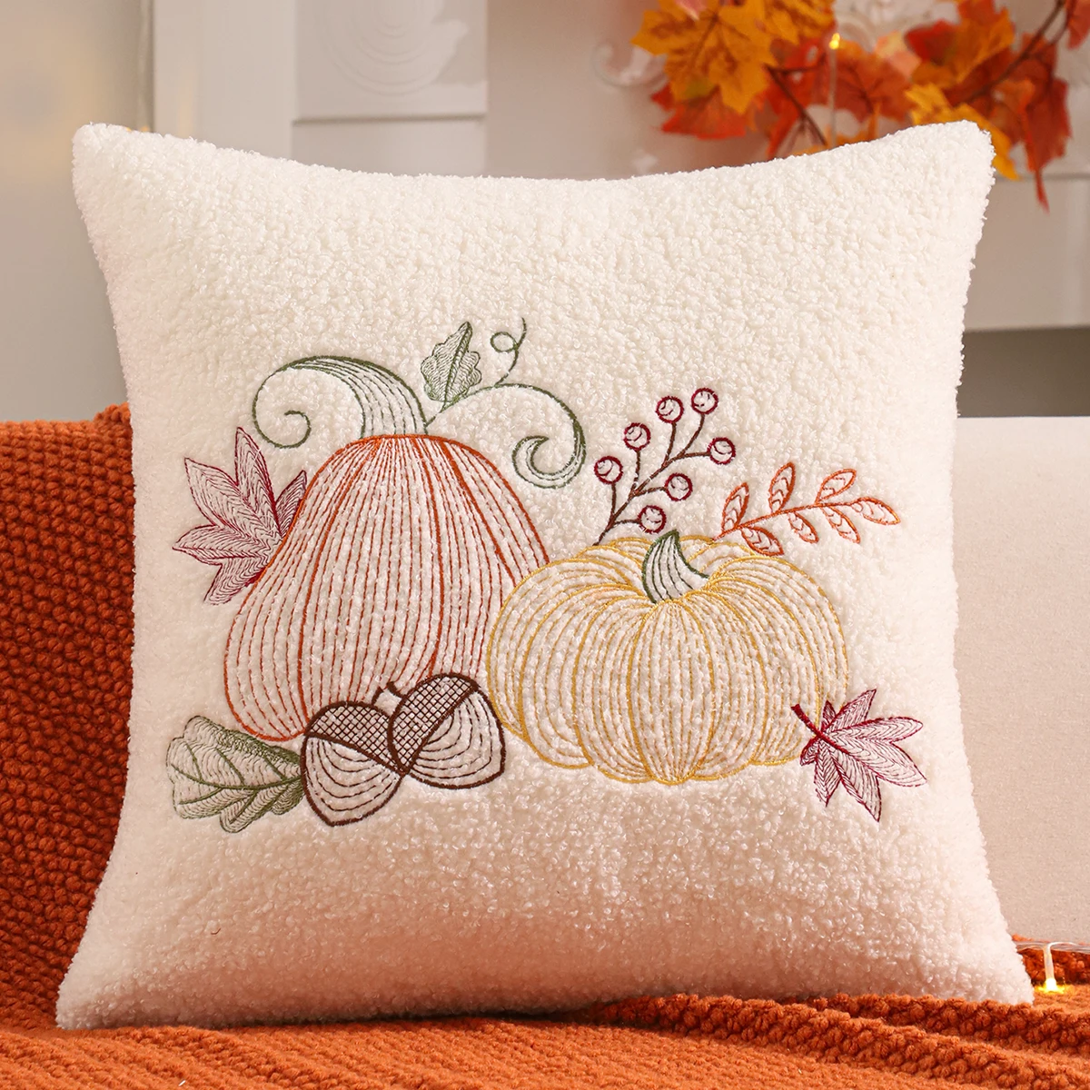 1 PC Halloween Decoration Throw Pillow Cover Pumpkin Embroidery Teddy Plush Autumn Thanksgiving Harvest Home Living Room