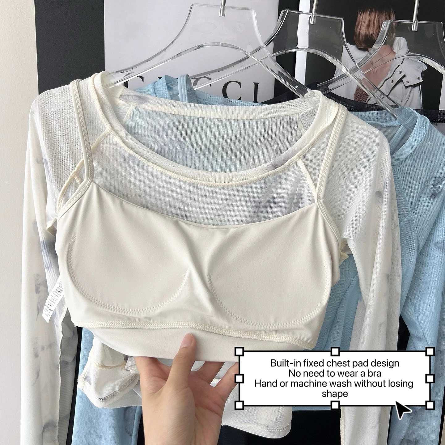 

Fake Two-Piece Mesh Yoga Wear Long-Sleeve Fixed Padded Sports T-Shirt Quick-Dry Training Pilates Fitness Top for Women