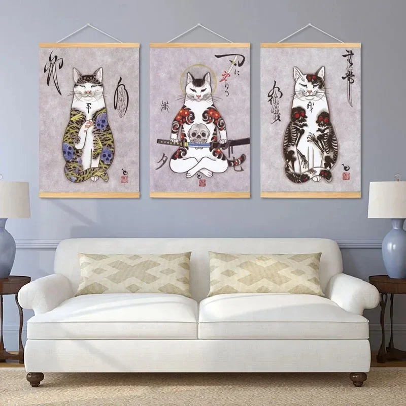 Japanese Style Samurai Cat Shop Wall Hanging Painting Sushi Restaurant Anime Poster Aesthetic Room Decor Canvas Painting